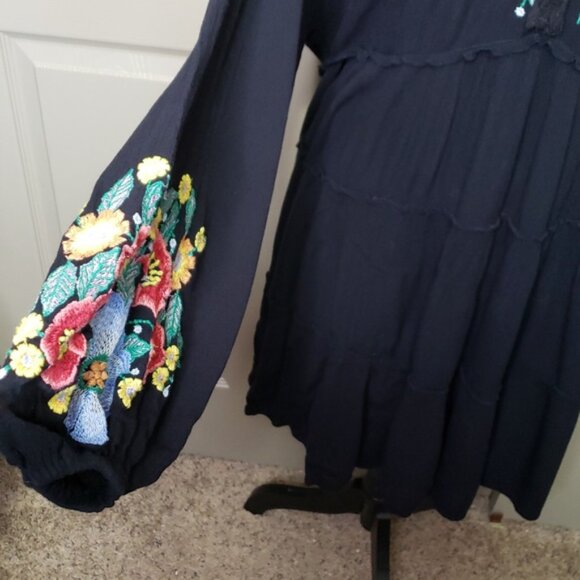 Free People Long Sleeve Black Dress with Colorful Floral Embroidery Size Large - Picture 3 of 6